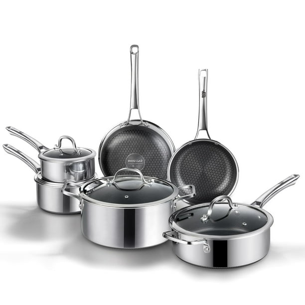 SNOWCLAD Juego de ollas y sartenes antiadherentes, 10 piezas de utensilios de cocina híbridos de acero inoxidable, sartenes antiadherentes, cacerolas, sartén y olla, sartén de cocina libre de PFOA, co