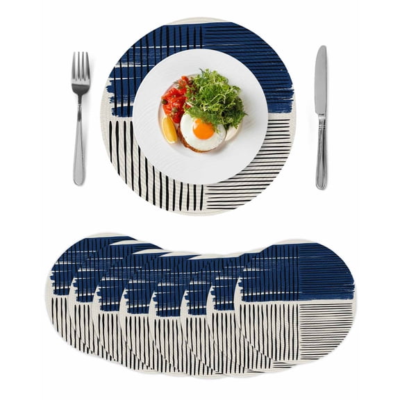 Navy Blue Striped Round 15 Inch Placemats Set of 8, Farmhouse Stripes Modern Abstract Art HeatResistant Non Slip Place Mats for Dining Table, Wipeable Braided Kitchen Table Mats for Housewarming
