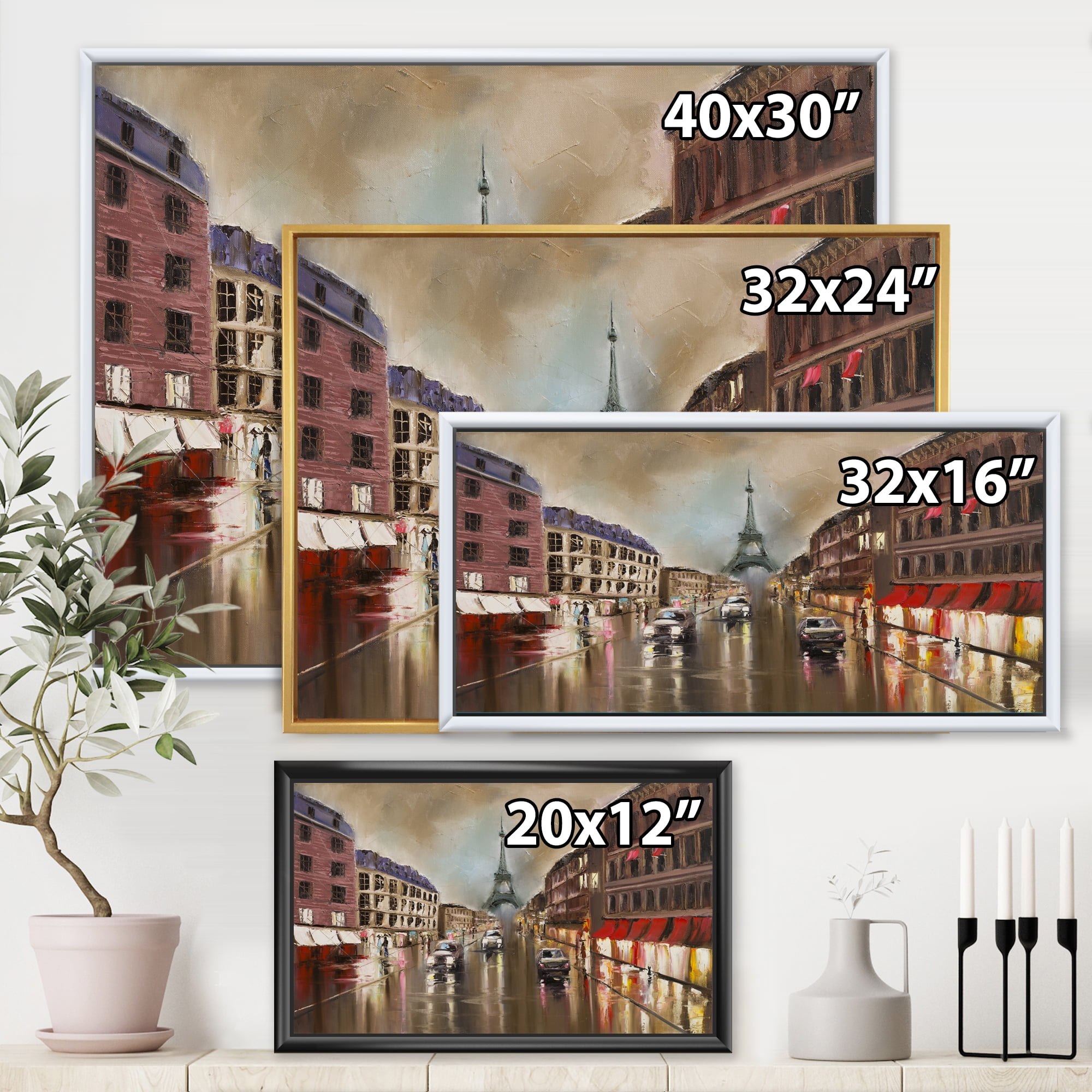 Designart 'Quiet Rainy Street In Gray Eiffel Tower Paris' Traditional Framed Canvas Wall Art Print