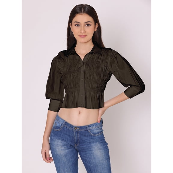 DressBerry Women's Solid Cotton Crop Shirt 3/4Th Puff Sleeves High Waist Buttoned Collared Smocked Style Casual Summer Daily Wear Top