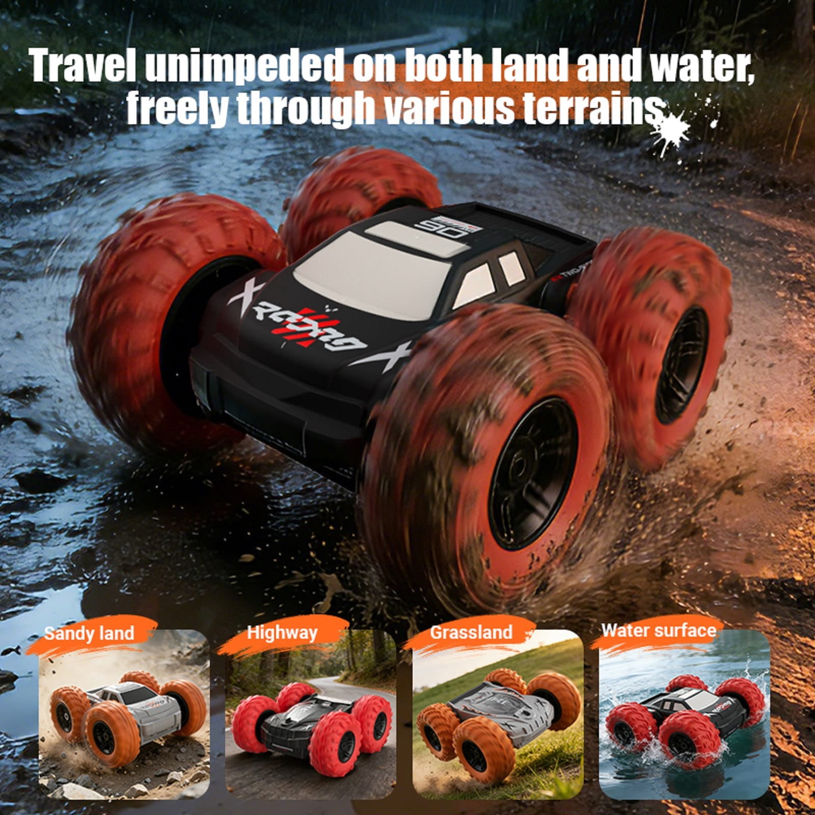 2.4G Amphibious RC Stunt Car, Rechargeable Double-Sided Water Land Remote Control Vehicle with 360 Flip, All Terrain