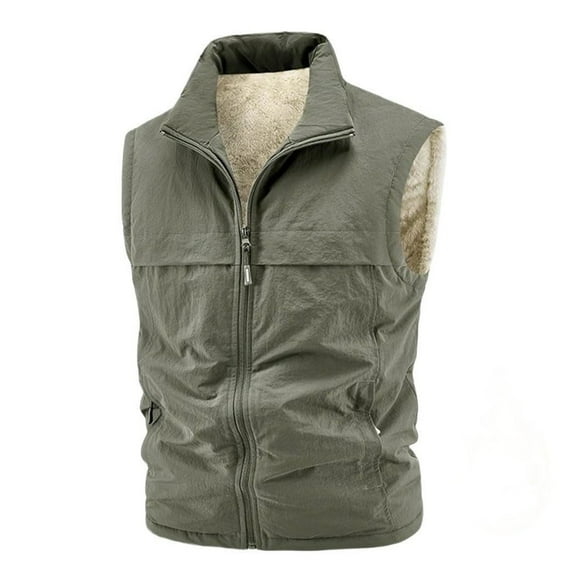 Men's Solid Color Casual Fleece Vest - Thickened Warm Sleeveless Coat, Army Green, Size L