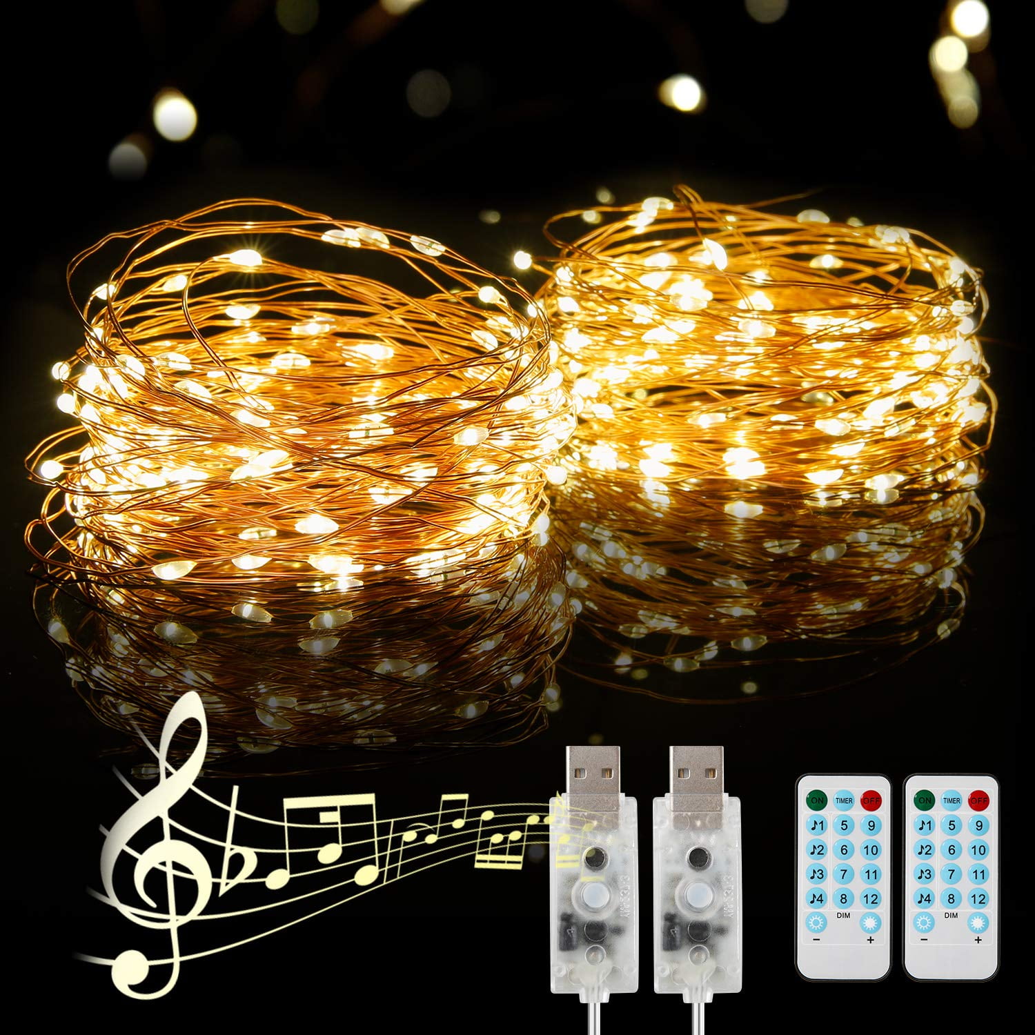 2 Pack 12m/39ft 120 LEDs String Lights USB Plug in Fairy Lights Waterproof 8 