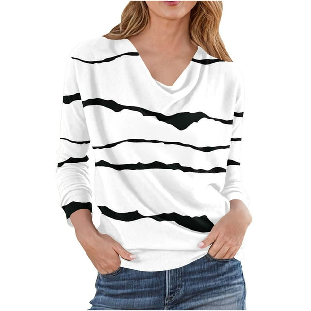 JGGSPWM Blouse Mode Décontractée Imprimée à Col Plissé pour Femmes, Manches Longues, Col en V, Vêtements de Printemps et d'Automne, Blanc TG