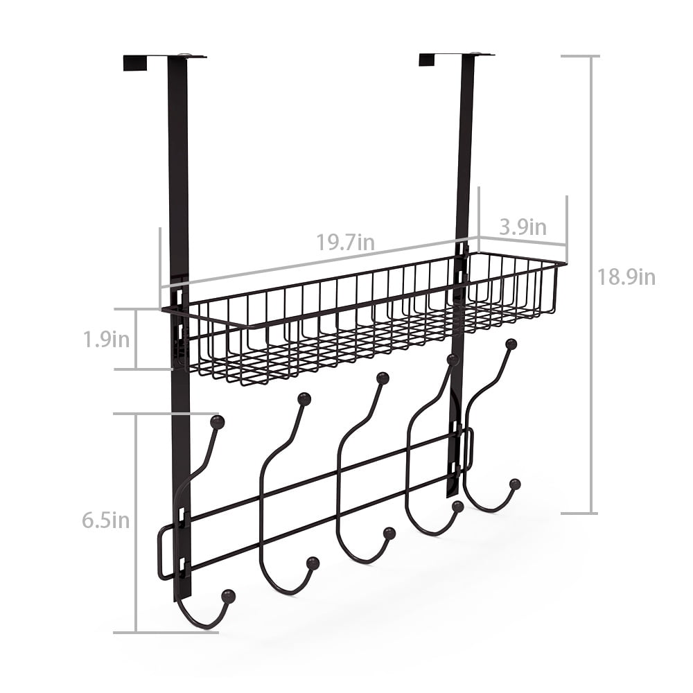 Over The Door Hook Rack with Wire Storage Basket, Metal Over Door Organizer for Entryway Bathroom