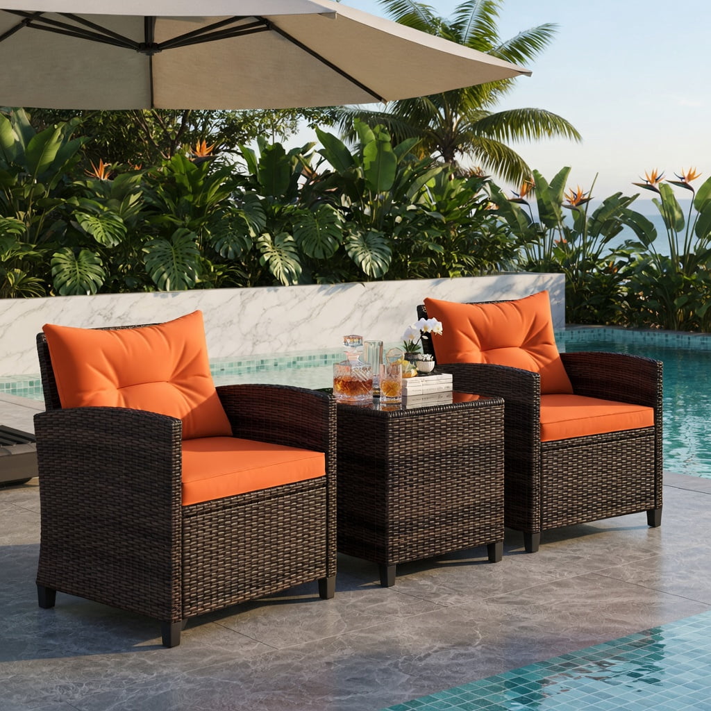 Hommoo 3-Piece Outdoor Rattan Patio Furniture Set with Washable Cushions, Orange