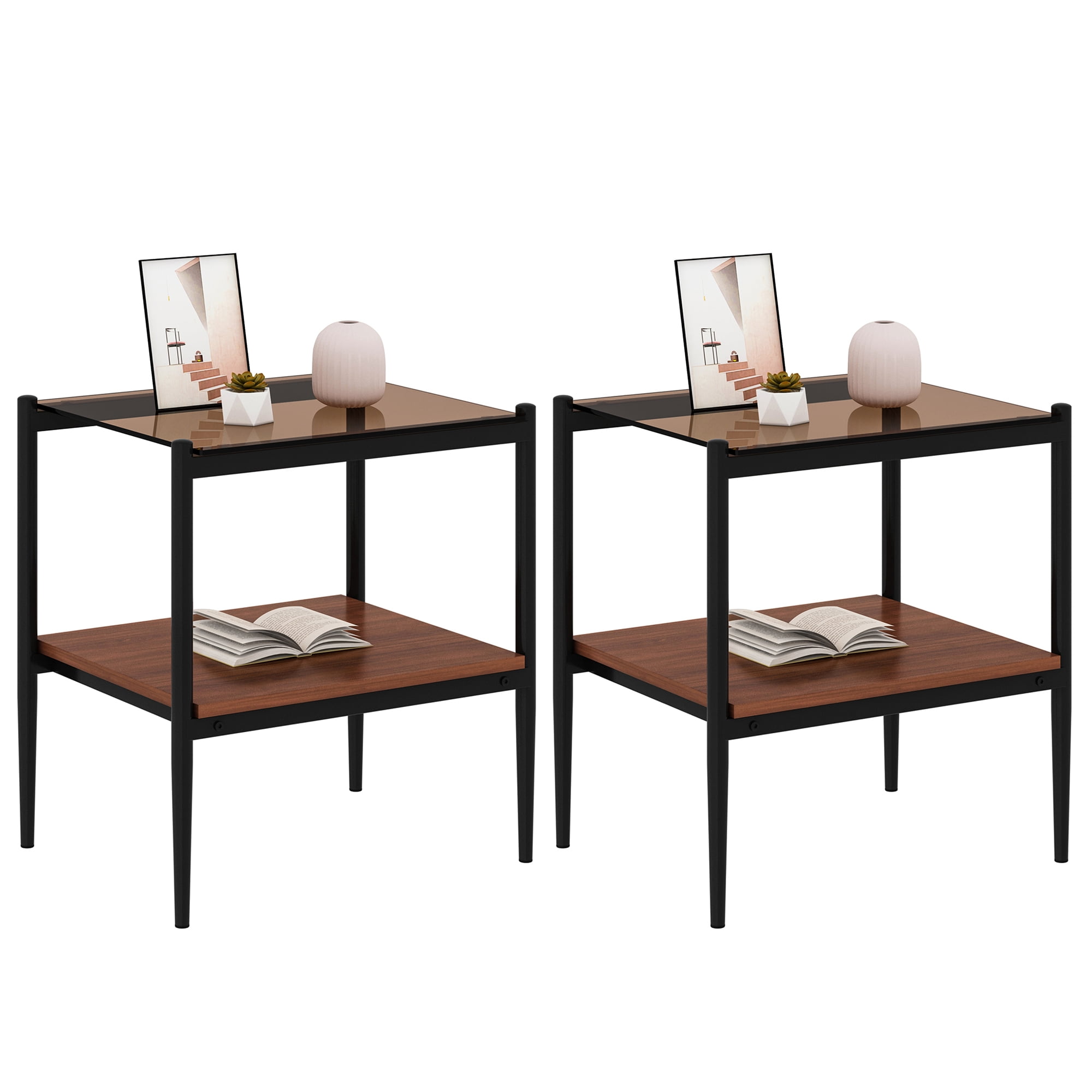 Set of 2 Modern Brown Glass Rectangle End Tables, Tempered Glass Top with MDF Storage Shelf & Iron Legs for Living Room Bedroom