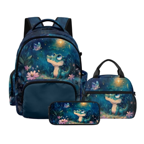 Kuiaobaty Crocodile Print Backpack and Lunch Box Set for Kids Boys Butterfly Flower Print Lunch Bag Pencil Case with Zipper Lightweight Backpack and Pencil Bag for School Camping Picnic