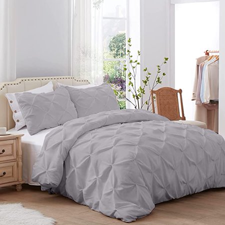 Kotton Culture 600 TC 3 Piece Pinch Pleated Duvet Cover - 100% Egyptian Cotton Comforter Cover with Zipper Closure & Corner Ties | Plush Pintuck Bedding with 2 Pillow Shams (Cal King/King, Silver)