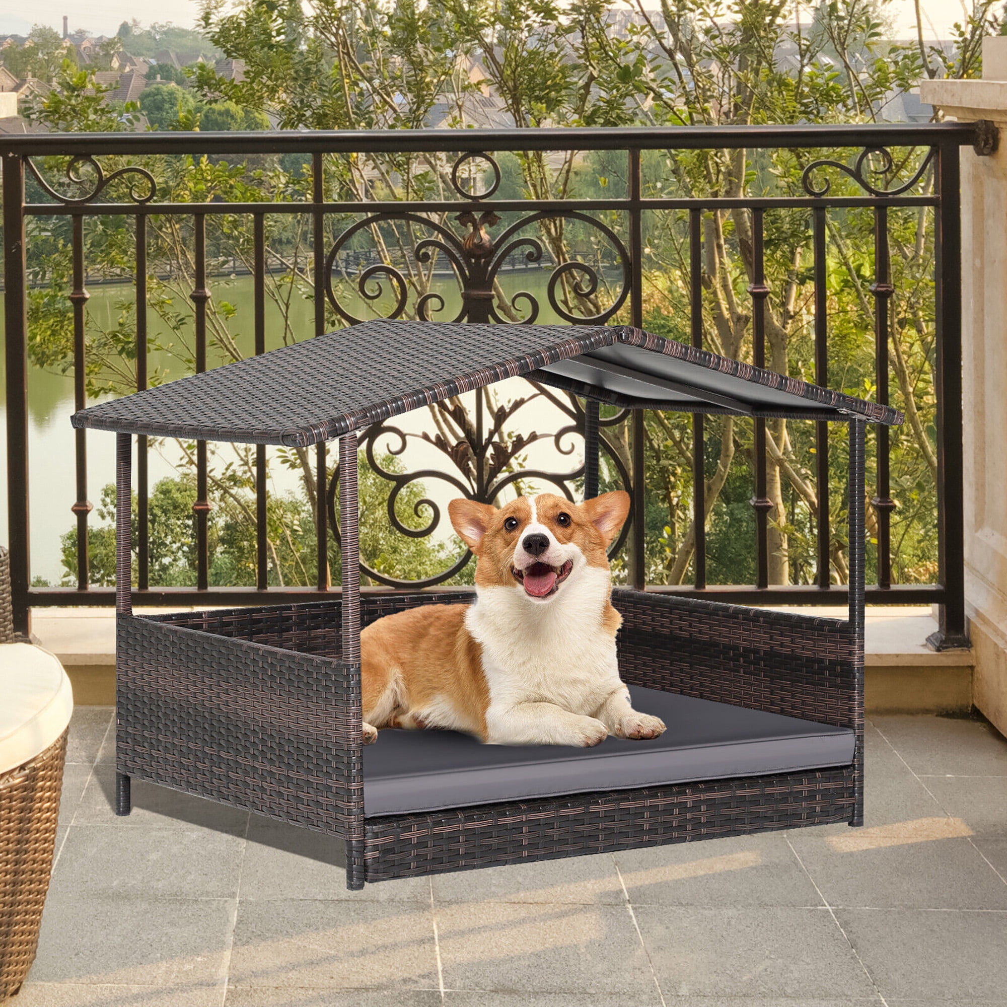 Gymax Wicker Dog House w/ Cushion Lounge Raised Rattan Bed for Indoor/Outdoor Grey