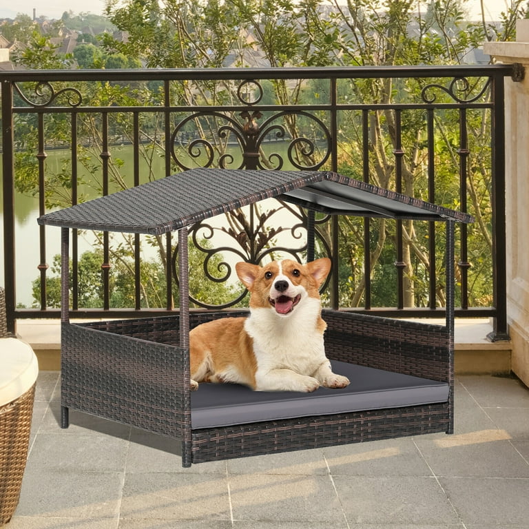 Gymax Wicker Dog House w Cushion Lounge Raised Rattan Bed for Indoor Outdoor Grey