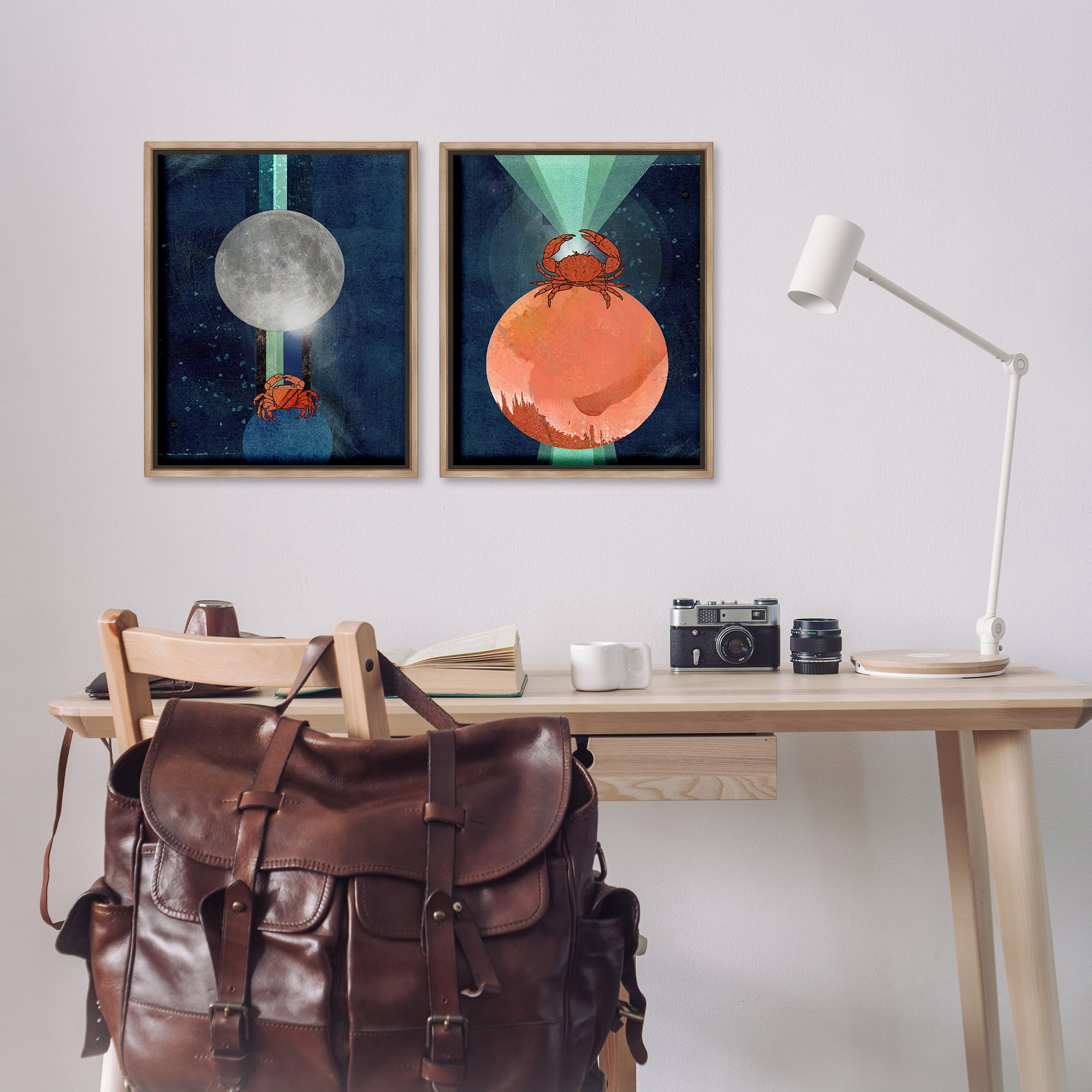 Stupell Industries Crab Orbs Light Rays Nautical & Beach Painting Brown Floater Framed Canvas Art Print Wall Art, 17 x 21, Set of 2