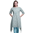 thumbnail image 1 of Bimba Blue Leaves & Damask Floral Asymmetric Kurta Indian Tunic Tops For Women Printed Indian Clothing Large, 1 of 6