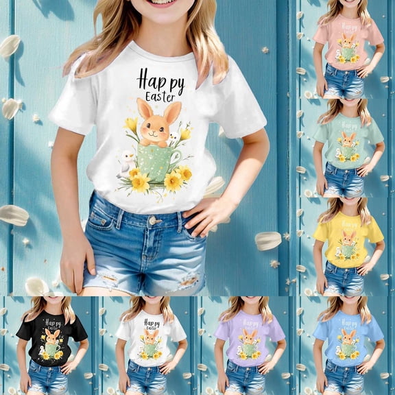 LRen Easter T Shirts for Kids Girls Rabbit Print Short Sleeve Tee for Toddler Casual Easter's Day Pullover Tops Clothes for Children