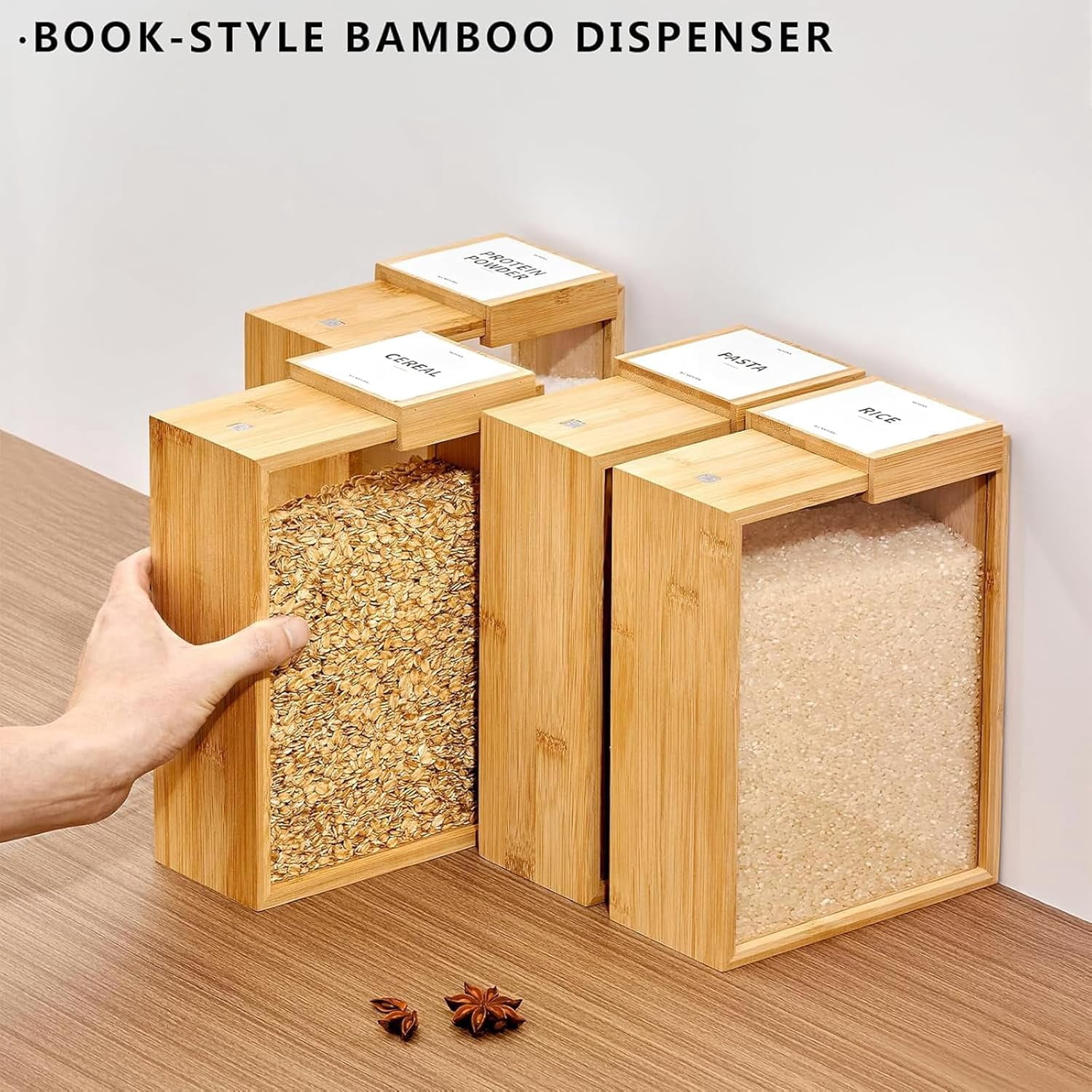 Wooden Cereal Storage Box, Airtight Pantry Bins Container with Lids, Dry Food Dispenser Large Capacity 101oz, for Kitchen, Square Pantry Organization with Labels for Sugar, Nut, Coffee Bean, Tea (3)