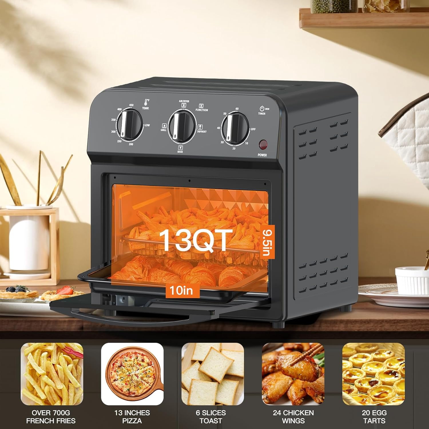 PlumChef 13 Quart 4 Slices Air Fryer Convection Toaster Oven, 1500W, Multifunction Oven for Roast, Bake, Grill, Broil, Toast,Black