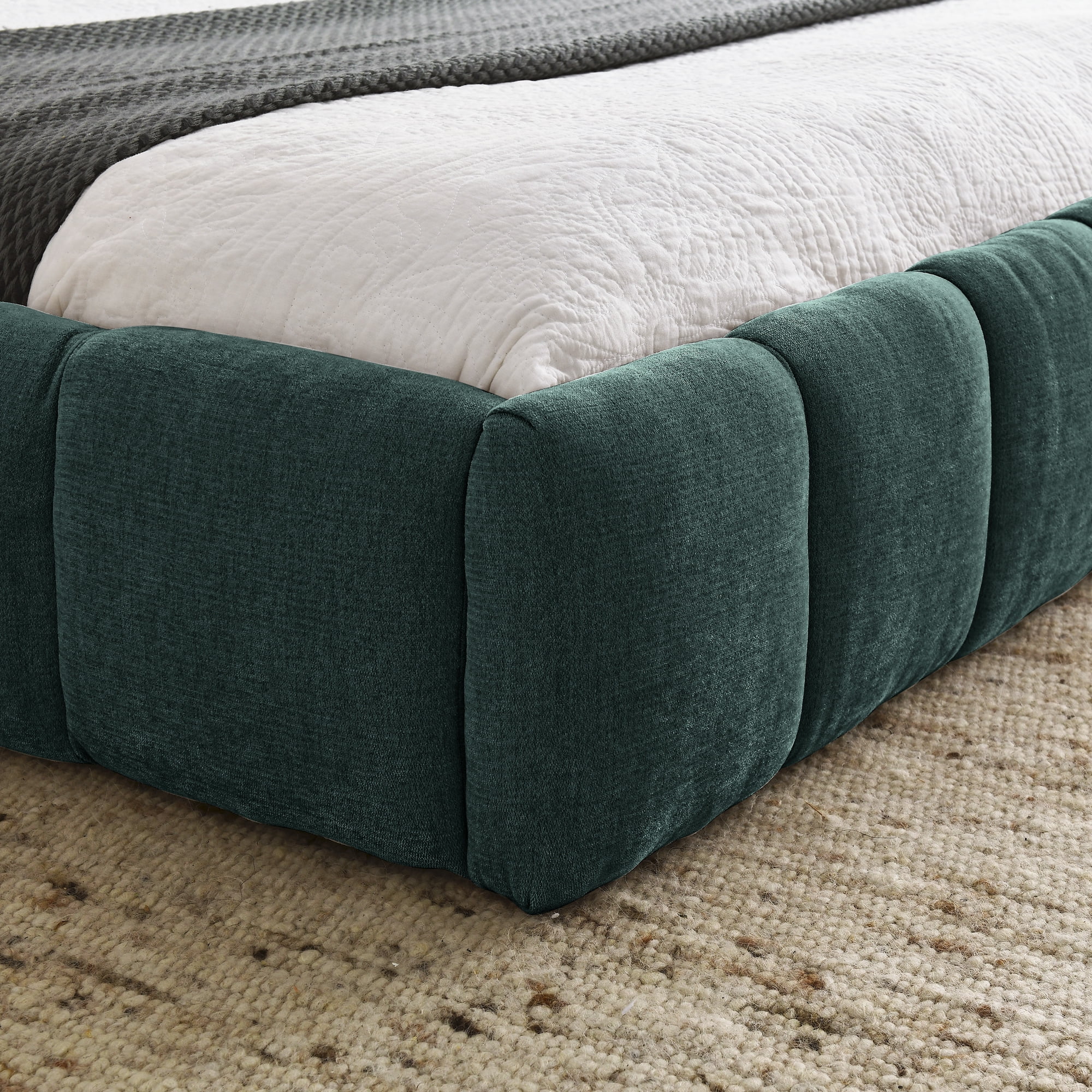 Queen Bed Frame with Thick Fabric, Chenille Fabric Grounded Queen Size Platform Bed with Headboard and Solid Frame, No Box Spring Needed, Upholstered Bed Frame Queen & Soft Bed Frame