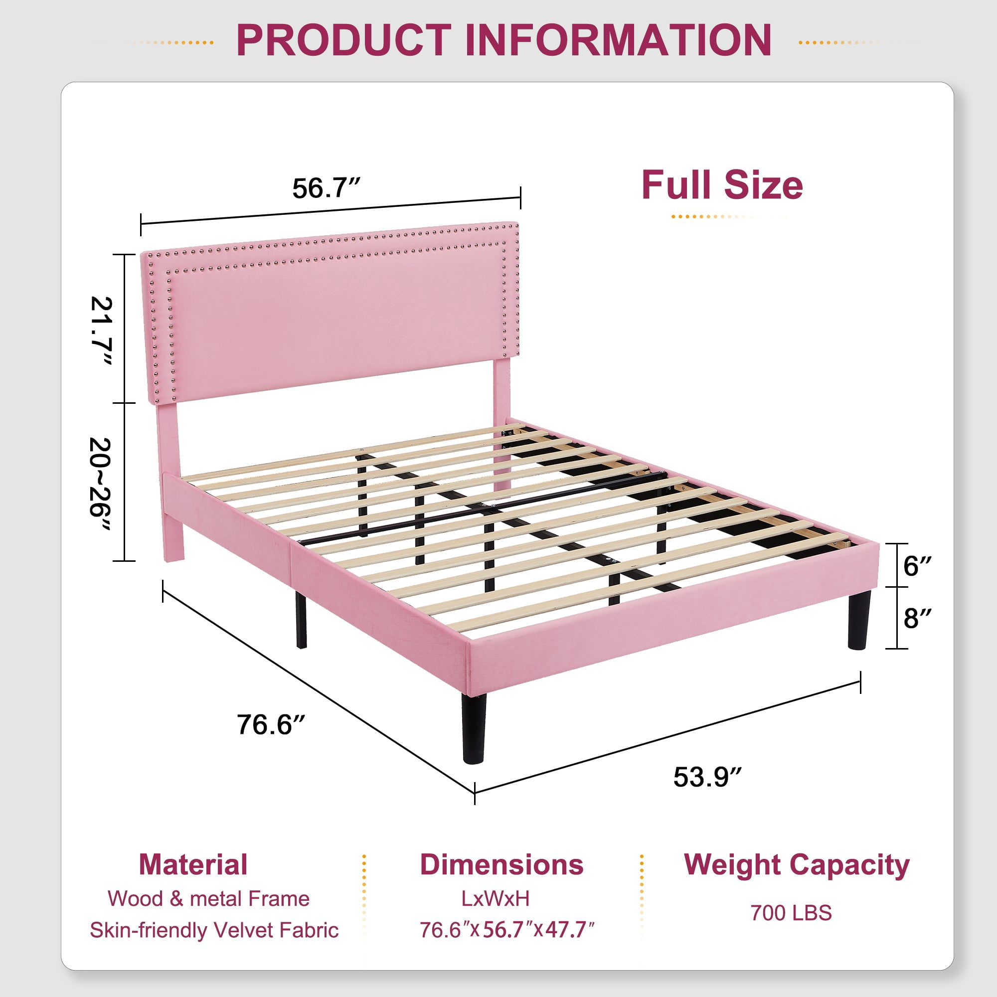 Katkuca Full Bed Frame, Upholstered Queen Size Platform Bed Frame with Adjustable Headboard, Strong Wood Slat Support, No Box Spring Needed, Pink