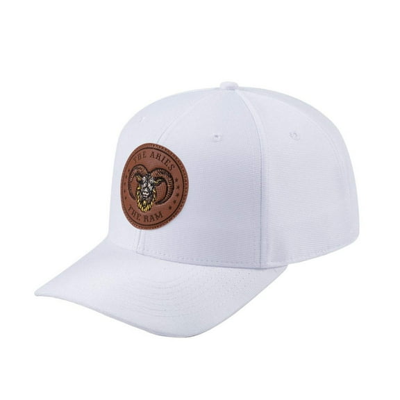 Unisex V2 Embroidered And Laser-Engraved Aries Zodiac (March 21, April 19), 6-Panel Baseball Cap, White/White, Adjustable Fit
