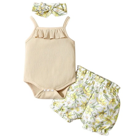 

Newborn Infant Baby Girl Sleeveless Rib Tops Floral Shorts Headbands Outfits Set