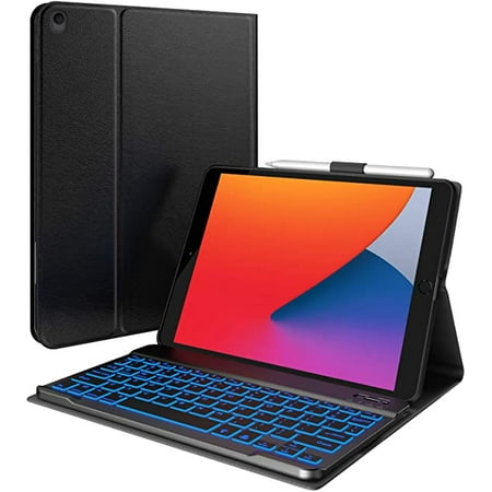 iPad 8th Generation Case with Keyboard & Pencil Holder, iPad 10.2 2020 & Air 3 10.5 Compatible - 7 Color Backlit Keyboard - Slim Leather Folio Smart Cover for iPad 8, 2019 iPad 7 & Air 3rd Gen (Black)