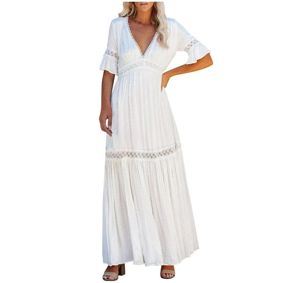 ZVAVZ Spring Dresses for Women 2025 Boho White Pleated Dresses Casual V Neck Long Sundress Cute Casual Shirt Dress