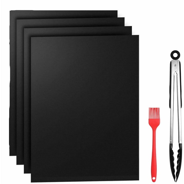 Tapete para barbacoa, tapete de cocina, tapete de cocina, tapete para barbacoa, antiadherente resistente a altas temperaturas, 40 * 33 cm negro (4 piezas) + clip de silicona para alimentos de 12 pulgadas + cepillo de silicona Rojo Verde