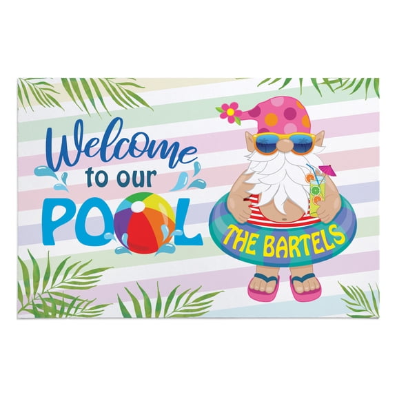 Personalized Planet 27x18 Welcome To Our Pool Doormat with Custom Family Name Printed on Colorful Rectangular 1/8” Thick Non Slip Mat with Gnome Character Design for Patio Deck or Porch