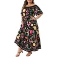 thumbnail image 4 of Agnes Orinda Women's Plus Size Dress Floral Tiered Elastic Square Neck Off Shoulder Short Sleeve Summer Maxi Dresses with Belt 1X Black, 4 of 5