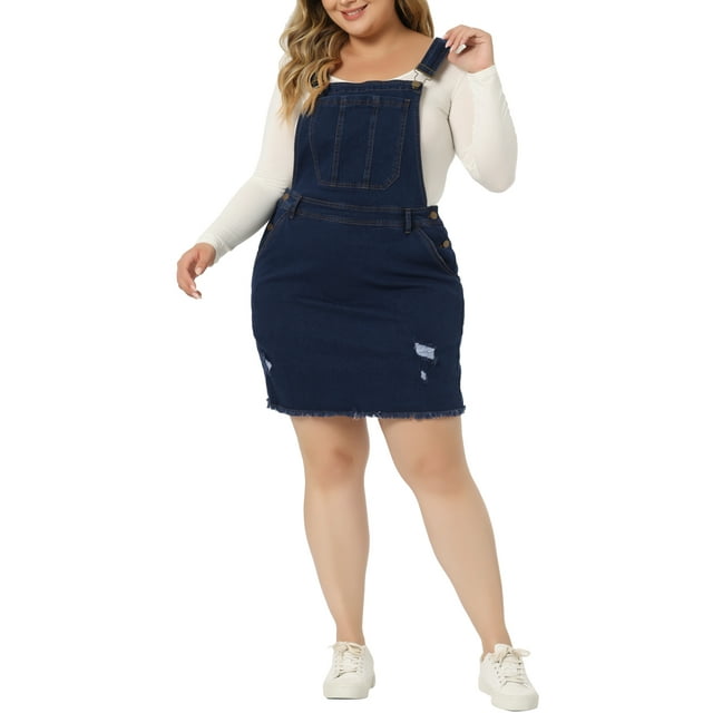 GRACE & GRANDEUR Robe à Bretelles Décontractée en Denim pour Femme Grande Taille à Bretelles Ajustables 1X Bleu Foncé