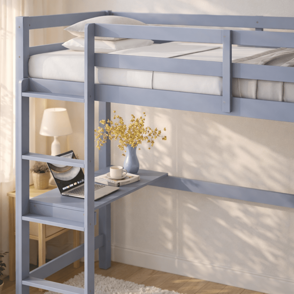 Miniyam Twin Loft Bed with Desk and Ladder, Rubber Wood Kids Bed with Guardrails, Gray