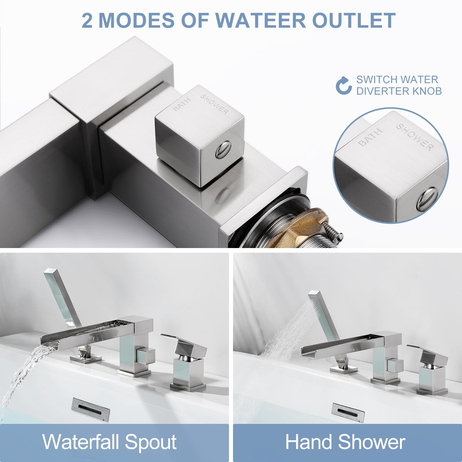 Waterfall Roman Tub Faucets, WOWOW Jacuzzi Tub Faucet Brushed Nickel, Garden Deck Mount Tub Faucet, Roman Tub Faucet with Sprayer