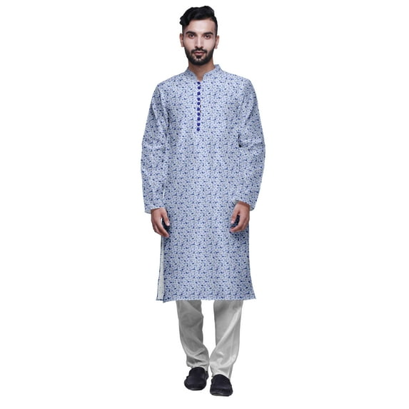 Atasi Printed Long Kurta For Men With White Churidar Pyjama Set Traditional Wear