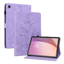 FJLBDE Case for Lenovo Tab M8 4th Gen 2024/2023 (TB-301FU, TB-300FU), Embossed Flower PU Leather Flip Wallet Folio Stand Cover with Pencil Holder, Purple