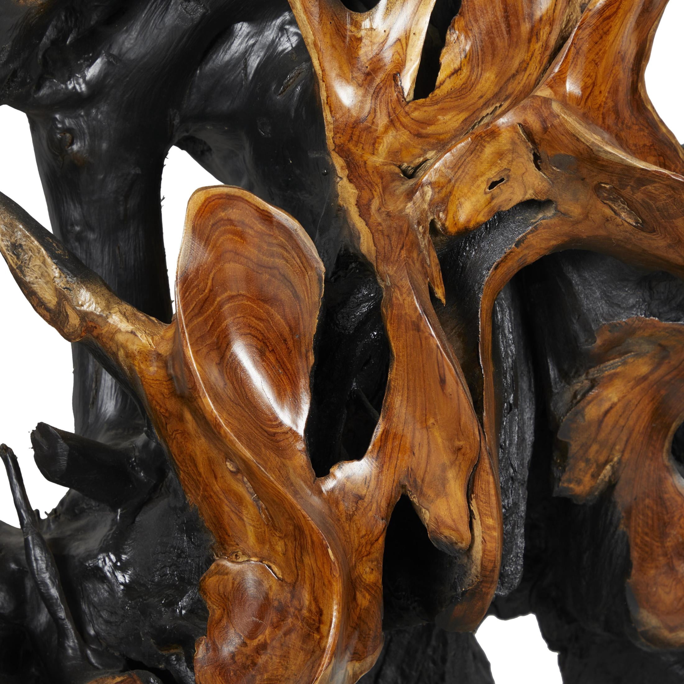 77" x 75" Brown Teak Wood Handmade Large Oversized Tree Root Floor Abstract Sculpture with Live Edge Teak Base, by DecMode