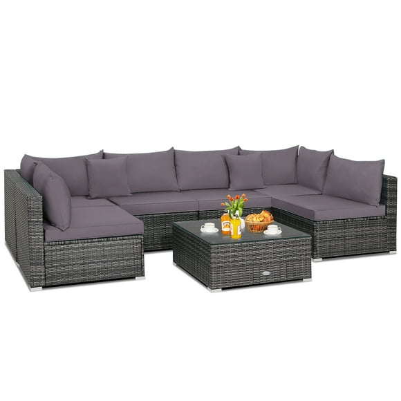 Patiojoy Ensemble de Mobilier de Patio Extérieur 7 Pcs en Rotin PE Toutes Saisons avec Table à Café et Coussins Gris