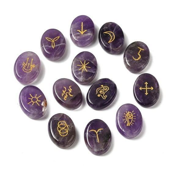 13Pcs Natural Amethyst Rune Stone Healing Stone for Reiki Balancing Oval Divination Supplies 20.5x15x6mm
