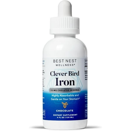 Clever Bird Liquid Iron Supplement - 15mg per Serving, 4 Oz Vegan Iron Supplements Drops for Kids and Adults, Chocolate Flavor Iron Vitamin, High Potency, Non-GMO Formula, by Best Nest Wellness