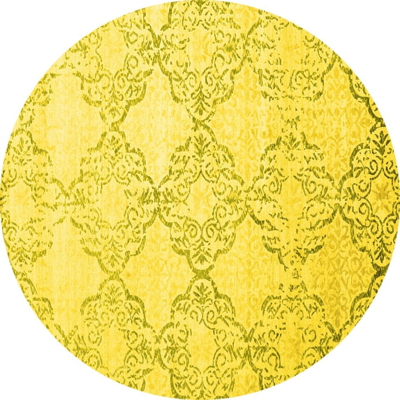Ahgly Company Machine Washable Indoor Round Abstract Yellow Contemporary Area Rugs, 4' Round