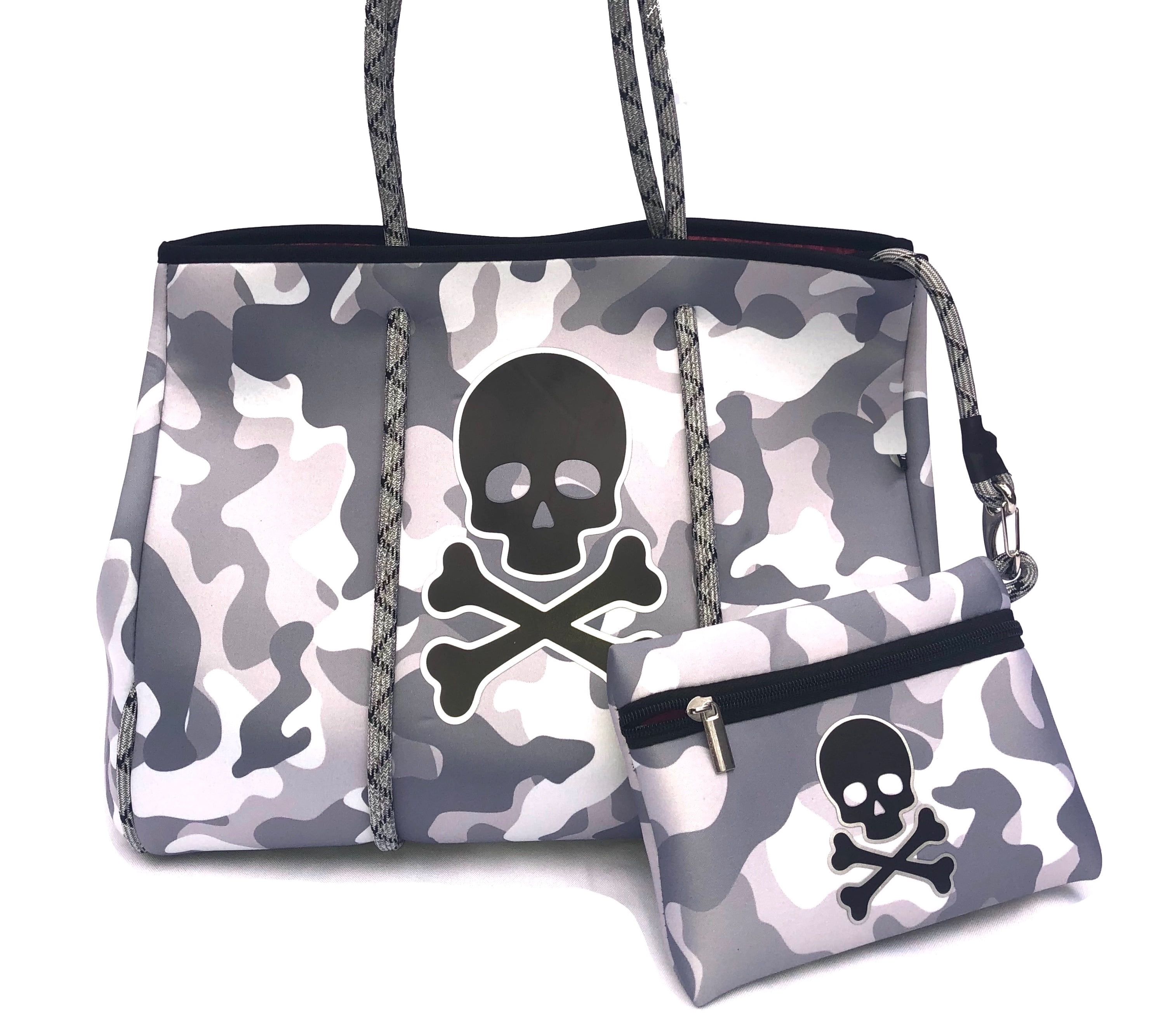 Large Neoprene Skull & Crossbones Tote Bag with Zipper Pockets and