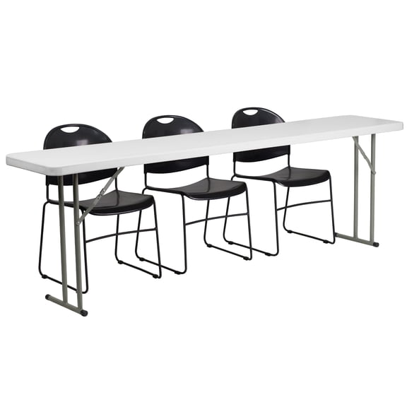 Flash Furniture 8-Foot Plastic Folding Training Table Set with 3 Black Plastic Stack Chairs