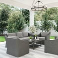 thumbnail image 3 of Martha Stewart 4-Piece Indoor-Outdoor Conversation Set with Patio Sofa, 2 Chairs, and Coffee Table in Gray Rattan Wicker with Gray All-Weather Cushions, 3 of 13