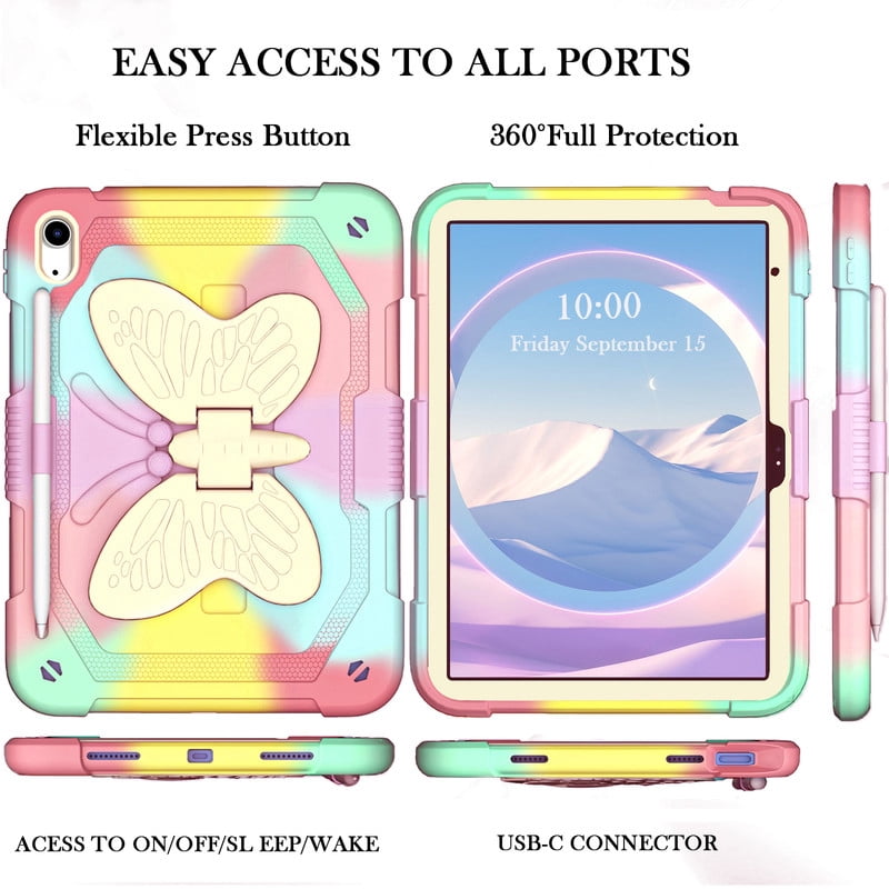 for iPad 10th/11th Generation 2022/2025(A16) Case with Butterfly Kickstand Wings Heavy Duty for iPad 10th Case 10.9'' Pencil Holder Shockproof Protective Cover Kids Girls for iPad 11th 11''，Colorful