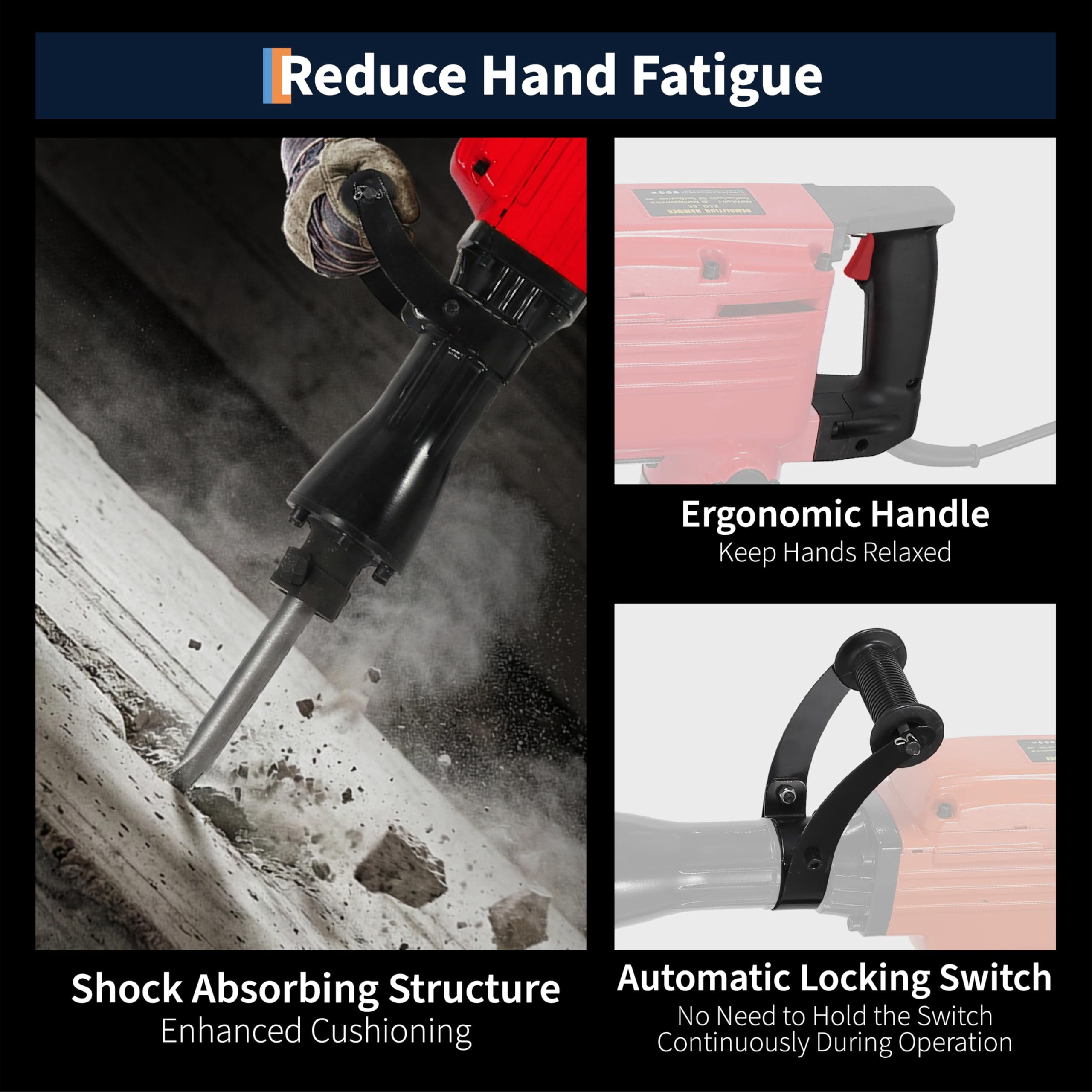 Demolition Jack -Hammer,2200 W Electric Jackhammer Heavy Duty with 2 Bits 360 Degree Swiveling Handle Carrying Case Gloves for Trenching and Breaking Holes