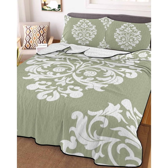 Baroque Sage Green Twin Size Down Alternative Comforter, Lightweight Comforter Quilt Bedding Set with Pillow Shams Vintage Damask Classic Floral All Seasons Bed Comforter Duvet Insert 68"x86"