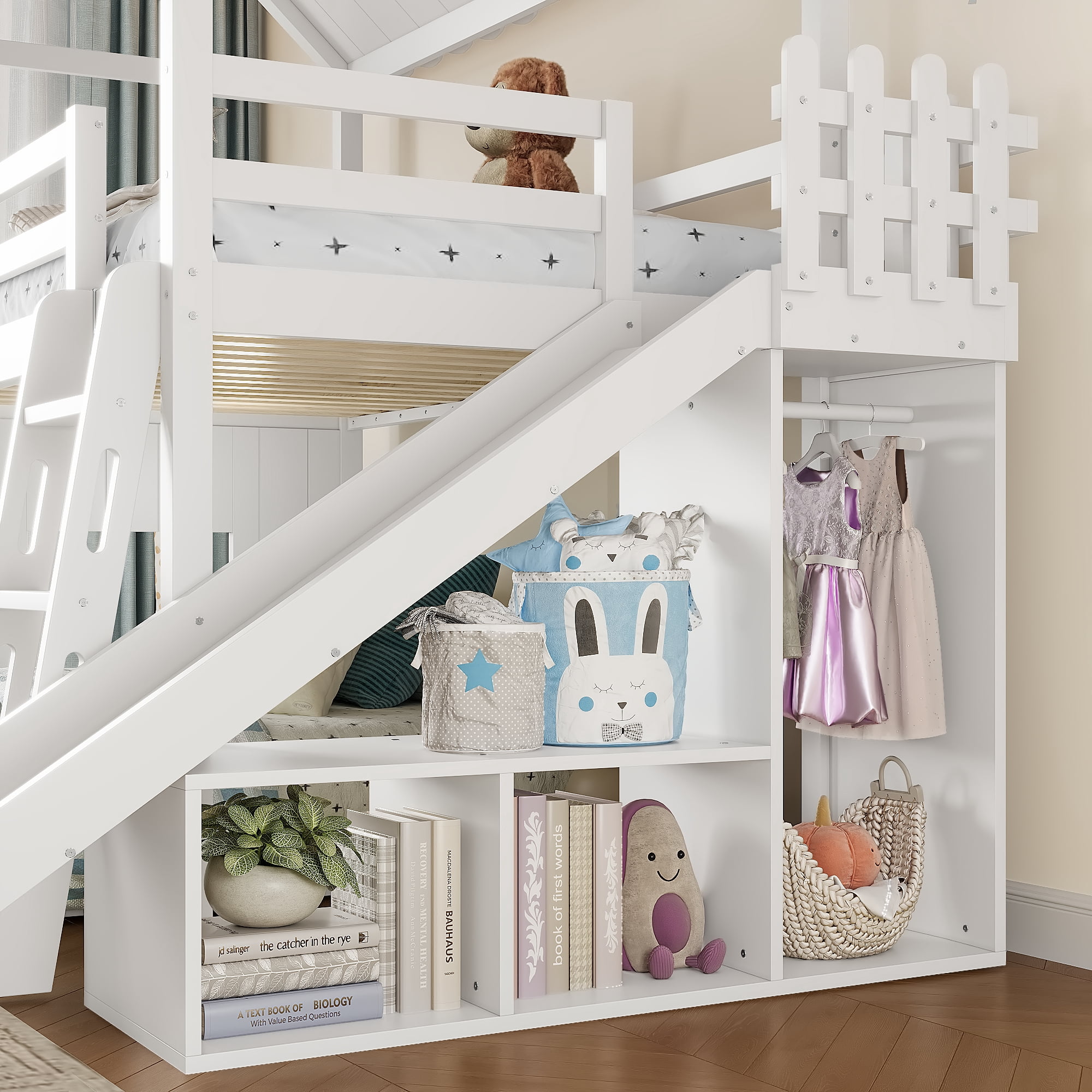 Leumius Twin over Full House Bunk Bed with Ladders and Slides, House Floor Bunk Bed Frame with Storage Shelves and Wardrobe, Playhouse Design for Boys Girls White