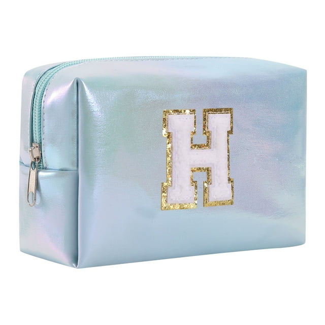 Bolsa de maquillaje con letras bordadas de gran capacidad, neceser, bolsa de viaje, bolso de mano, bolso de cosméticos, azul