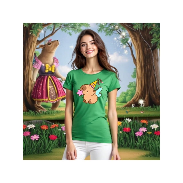 Playera CapyHada – La Capybara Más Mágica del Bosque Ropa Fashion Para Mujer Color Verde Talla Mediana Marca Emil SaEs