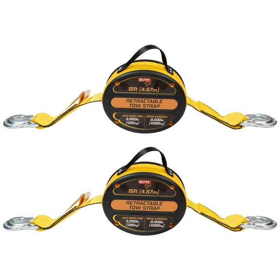 2 Pack 2 Inch x 15 FT Retractable Tow Strap with Carbon Steel Slip Hooks | 9000 lbs. Breaking Strength, (Color) | Used for Towing, Vehicle Recovery