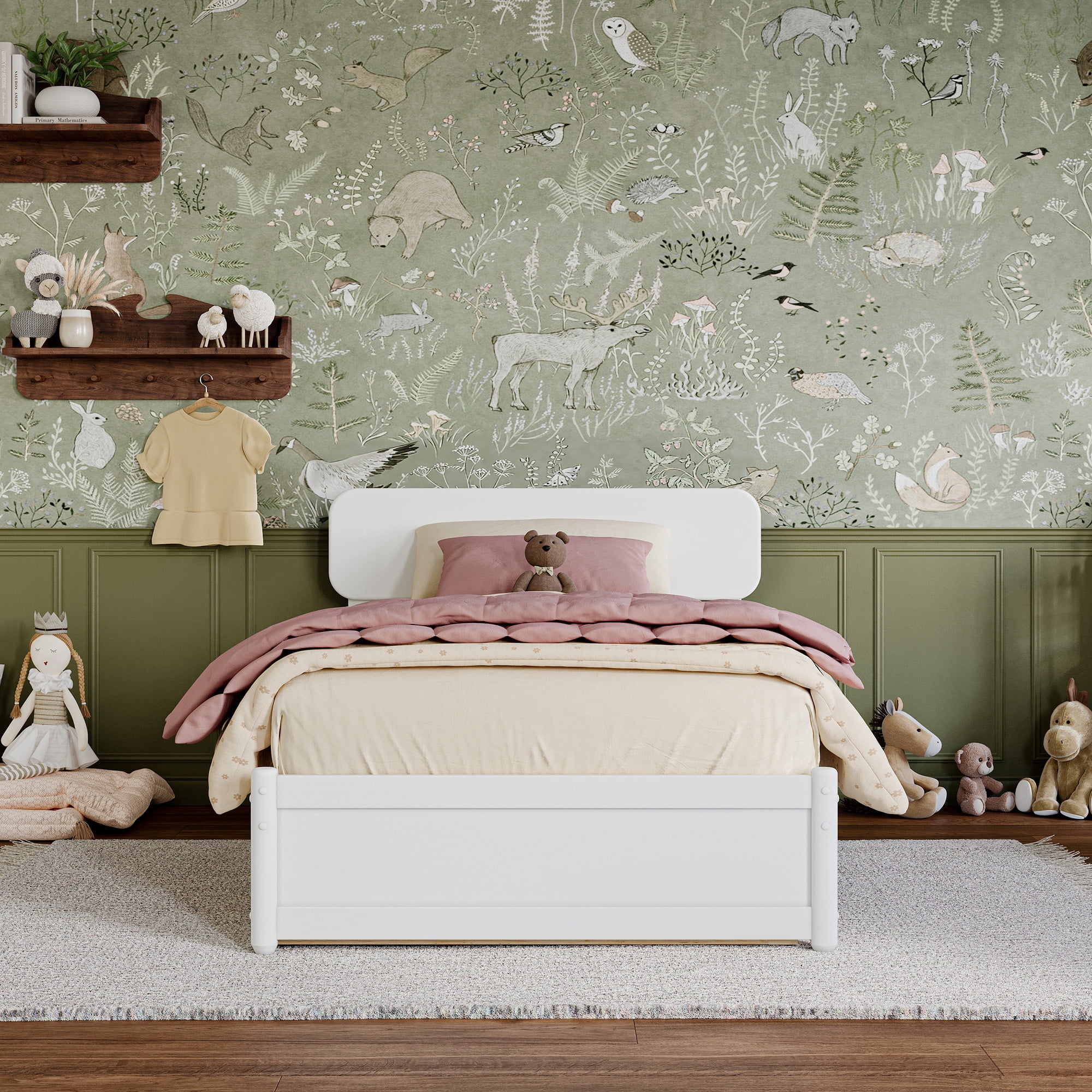 AFI Capri Twin Solid Wood Platform Bed with Panel Footboard and Twin Trundle, White